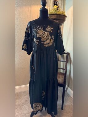 Johnny Was  silk Black Embroidered Maxi Dress with Gold Motif